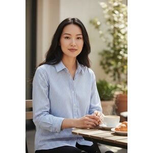 Ann Taylor Women's Shirt White Blue Striped Long Sleeve 100% Cotton Size 12